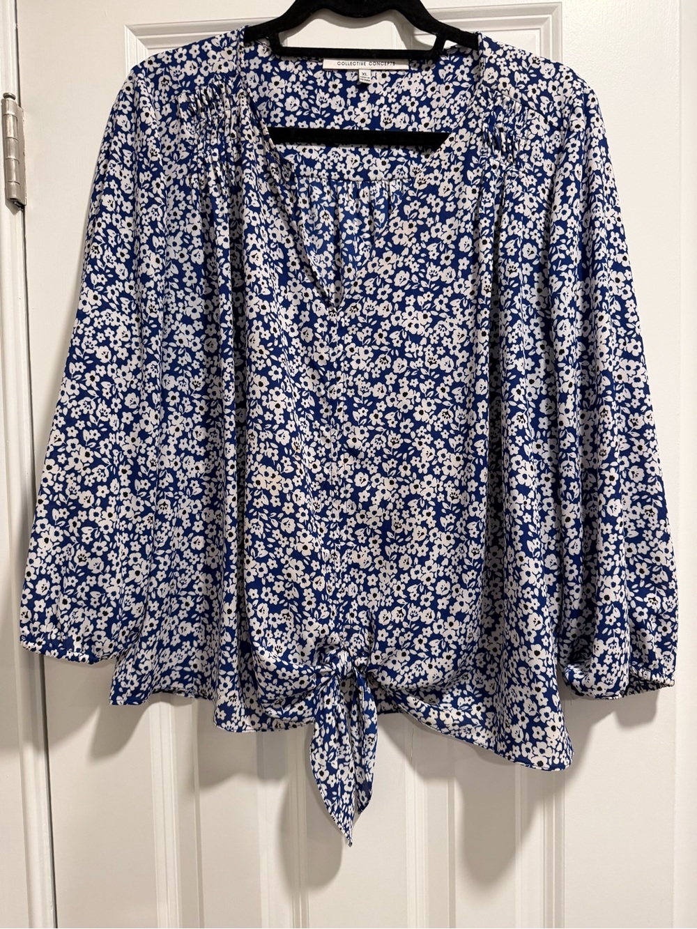 Collective Concepts Blue and White Floral Tie-Front Blouse